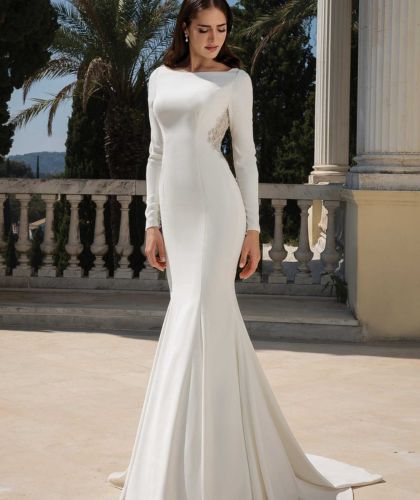 Buy Sell Wedding Dress Online Dubai UAE Justin-Alexander 88177 Fit and Flare gown with V-Neckline and long sleeves, Made of ivory crepe fabric, Size US12, Medium